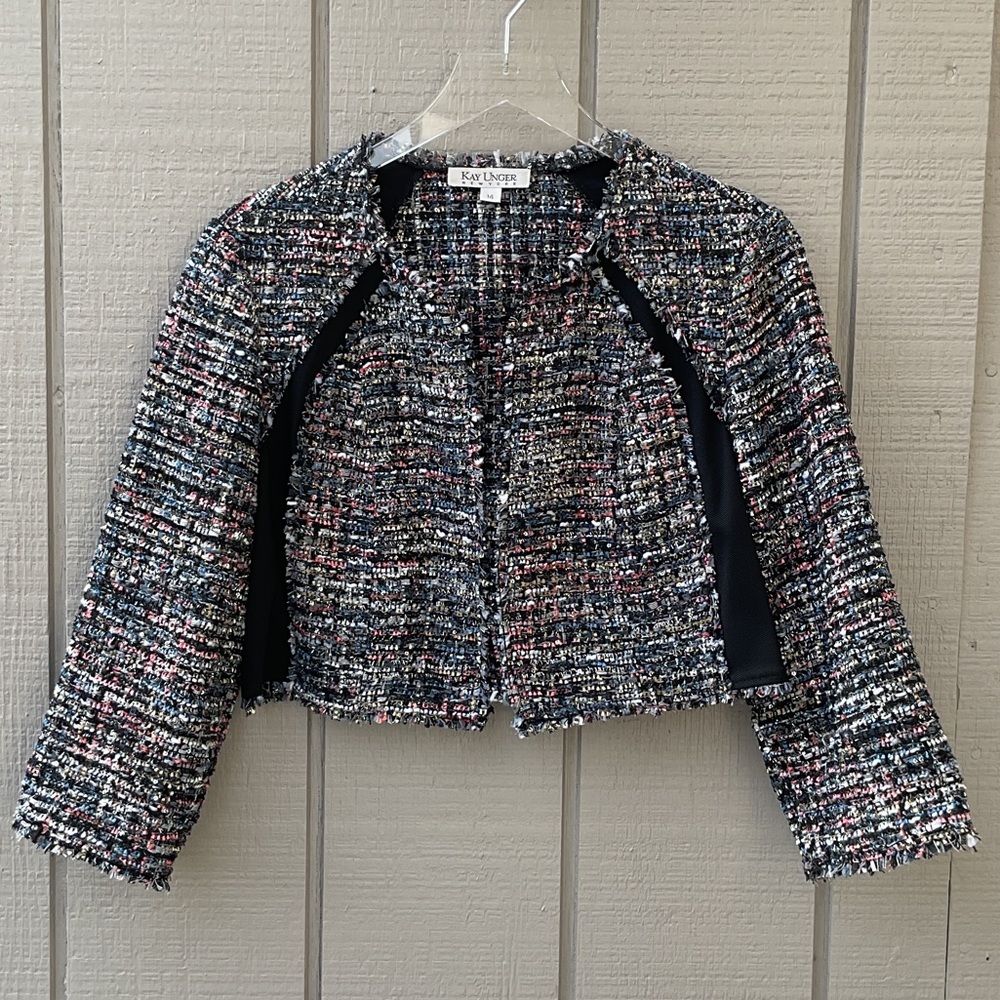 Kay Unger Multicolor Cropped Tweed Jacket with Black, Pink and Blue Accents